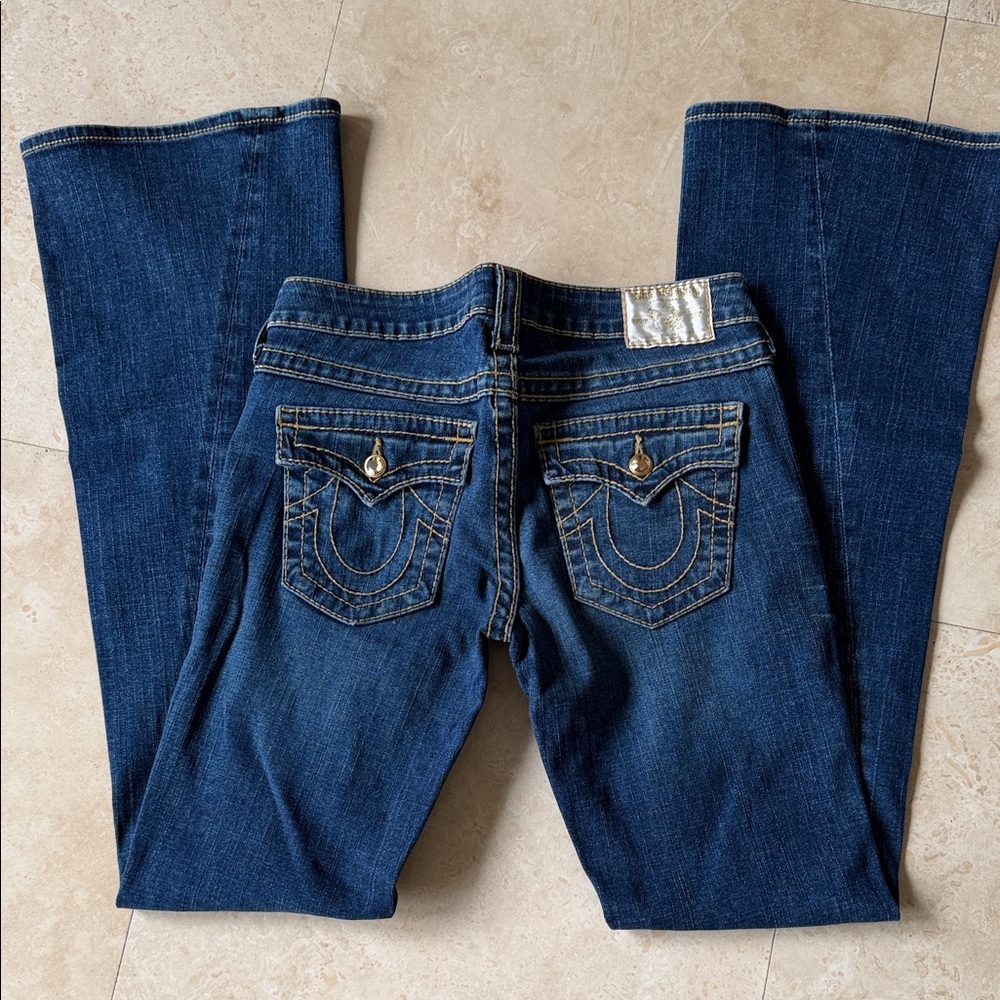 True Religion Disco Joey Big T Dk Blue Flare Jeans with Swarovski Detail
